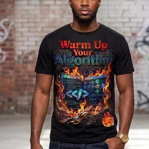 May include: A black short-sleeve t-shirt featuring the text Warm Up Your Algorithm in red and blue lettering. The graphic includes a central open book surrounded by orange flames, circuit board patterns, and code symbols in a vibrant design.