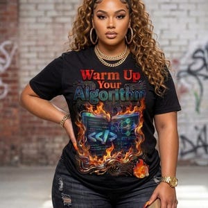 May include: A black short-sleeve t-shirt featuring a graphic print with the text "Warm Up Your Algorithm" above an open book surrounded by flames, displaying code snippets, circuit board patterns, and a central programming bracket symbol.