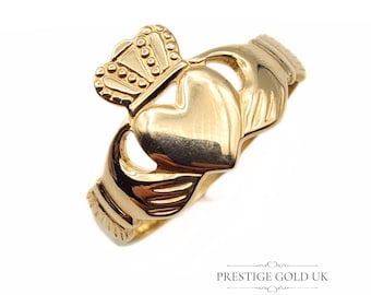 Large Gold Claddagh Ring 9ct -  Heart, Crown and Hands Signet Ring - Large Size Gold Irish Claddagh Ring UK Size U, US 10, EU 62 Hallmarked