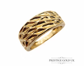 Gold Patterned Ring 9ct  - Patterned Retro Ring - Vintage Textured Engraved Engagement Band - 8 mm Wide Size UK N - US 6 1/4, Euro 53.5