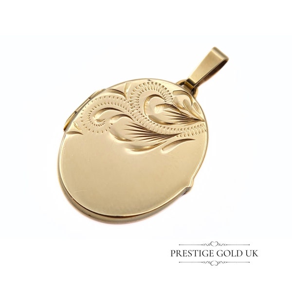 Vintage Gold Oval Engraved Locket 9ct - Small Engraved Oval Locket - Solid Gold Locket - Fully English Hallmarked 9ct Ladies Floral locket.