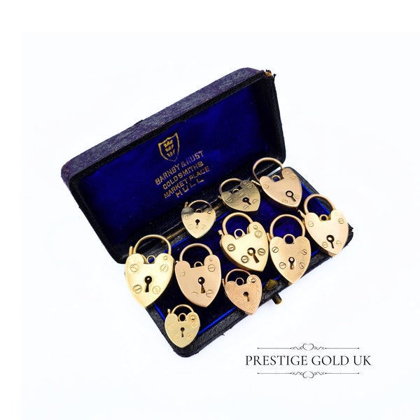Petits pendentifs cadenas coeur en or vintage 9 carats - Cadenas pour bracelet à breloques en or - Petits bijoux en or britannique 9 carats - Anglais pour la Saint-Valentin