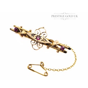 Antique Victorian Solid Gold Diamond & Pink Stone Brooch - Stamped 9ct - 5 Stone 9ct Gold Brooch - Lapel Pin