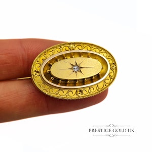 Antique 9ct Gold Diamond Mourning Brooch - Large Oval Single Stone 9ct Gold Brooch - Keepsake Gold Brooch  Pin Pendant 7.6 g