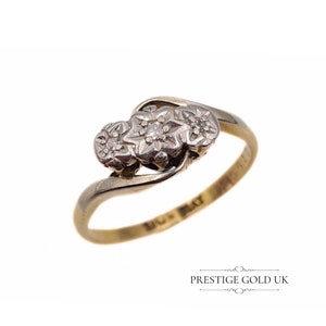 Vintage Gold Platinum Diamond  Ring 9ct - Gold Crossover 3 Stone Diamond Ring - Ladies Diamond Platinum Ring - Size  UK L 1/2 US 6 Euro 52