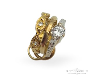 Vintage 9ct Gold Trio Ring Charm, Intricate Band & Solitaire Ring, Tiny 3 Ring Set Wedding Gift, Gold Engagement Gift Pendant Or Bracelet