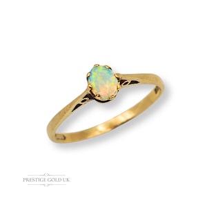 Dainty 9ct Gold White Opal Solitaire Ring, UK L 1/2 / US 6 Small Vintage Oval Claw Set Opal Ring, Narrow Elegant Simple Ladies Gold Ring