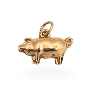 9ct Gold Puffy Pig Charm Pendant, Novelty Animal Charm, Petite Hollow Gold Pig