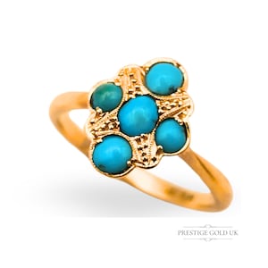 Antique 18ct Gold Turquoise Ring - Gold Five Stone Engraved Ring - Unique Statement Gold Turquoise Ring - Size UK M 1/2 - US 6 1/2 - Euro 53