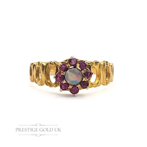 Vintage Gold Ruby & Opal  Ring 9ct  -  1970s Opal Ruby Gold Ring -  Vintage Red Stone Ring - Size UK O - US 7 - Euro 55