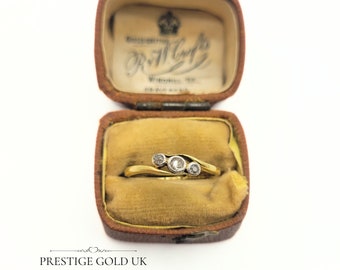 Gold Platinum Diamond  Ring 18ct - Early 1900's Crossover 3 Stone Diamond Ring - Ladies Diamond Platinum Ring - Size  UK O - US 7 -  Euro 55