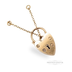 9ct Yellow Gold Heart Padlock Charm With Safety Chain, Fully Hallmarked PJ Birmingham 1991, 3.21g