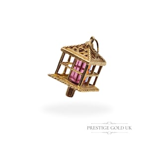 Vintage 9ct Gold Lantern Charm, Fully Hallmarked London 1972, 24mm Tall, Colourful Glass Panels, Unique Gift, Large Gold Pendant