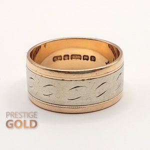 Gold Patterned Ring 9ct - 1970&#39;s Rose & White Gold  Band - Vintage Two Tone Boho Ring  -  9 mm Wide Size UK O,  US 7 , Euro 55