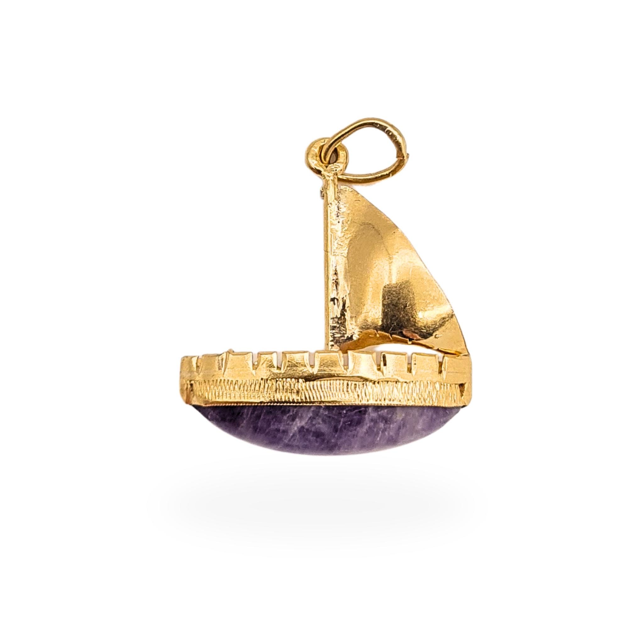 14ct Gold Sailboat Charm With Purple Quartz Cabochon, Gold Nautical Pendant, Vintage Style Boat Charm