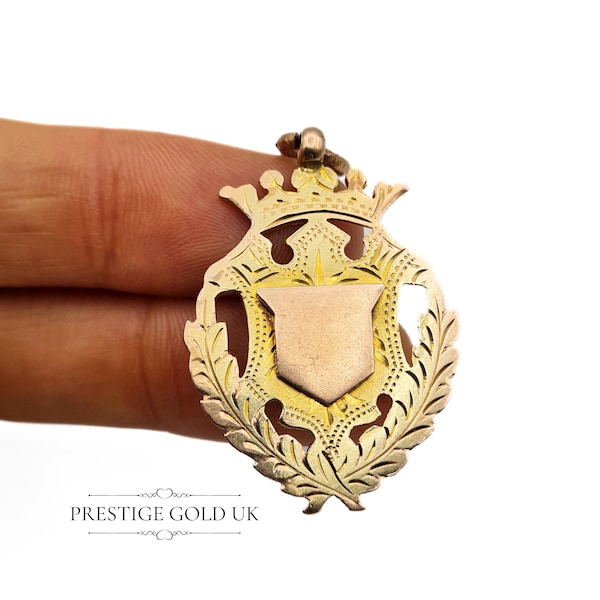 Georgian Gold Shield Pendant - 1903 9ct Ornate  Hand Engraved Shield Fob - Antique Gold Pendant- English  Watch Fob - Blank to Engrave 8 g