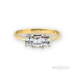 Bague de fiançailles en or jaune 18 carats, 3 pierres et diamants taille millénaire, montures en or blanc, taille UK J US 5, bague de fiançailles entièrement poinçonnée vers 1990