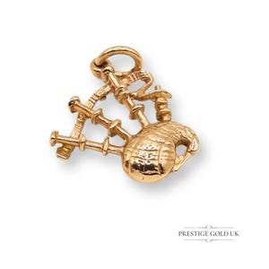 9 Karat Gelbgold Dudelsack Anhänger, vollständig punziert Birmingham 1963, kleines schottisches Souvenir, schottischer Dudelsack Anhänger