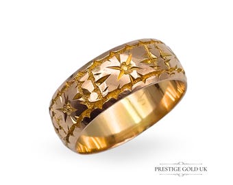Antique 9ct Rose Gold Band, Star Pattern Hand Engraved Ring, Birmingham Hallmarked 1916, UK N 1/2 US 7