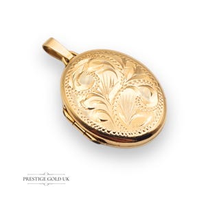 9ct Gold Small Oval Floral Locket, Opening Solid Gold Hallmarked Keepsake Photo Locket, Botanical Engraved Vintage Pendant With Bail
