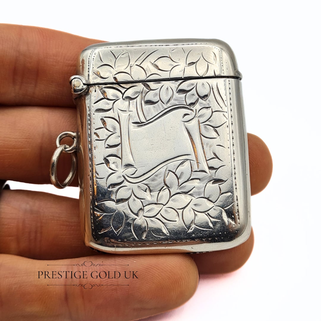 Gents Silver Match Holder - Engraved Silver Vesta Case - Antique