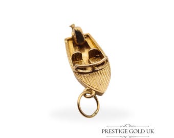 9ct Gold Motorboat Charm with Moving Outboard Motor, Fully Hallmarked London 1971, 30mm Detailed Wood Boat Design