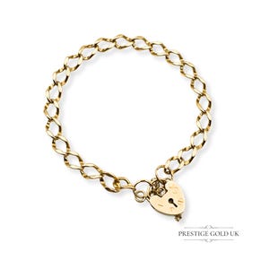 7&quot; Long 9ct Gold Heart Padlock Bracelet, Fully Hallmarked British Sheffield 1994,  Small Heart Clasp with Safety chain