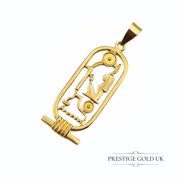 14K Yellow Gold Ancient Egyptian Cartouche Pendant - Handcrafted Symbolic Amulet With Sacred Icons
