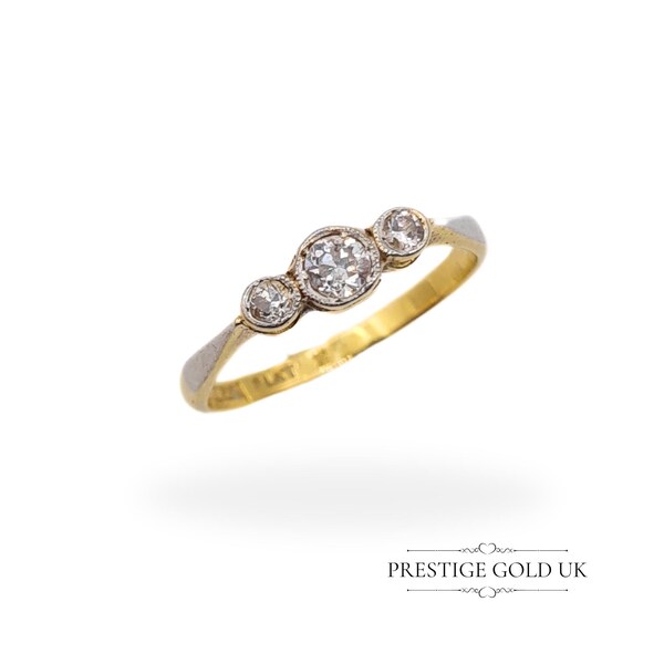 Vintage 18ct Gold & Platinum 3 Stone Diamond Ring, Bezel Set Trilogy Design, UK K US 5 3/4 Euro 50.5, Elegant Vintage Engagement Ring