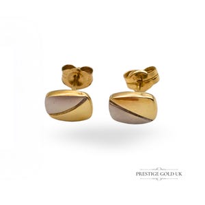 9 Karat zweifarbige Rechteck Ohrstecker, Gelb & Satin Weißgold, 7 x 6 mm, leichte Schwellen, kleine Goldohrringe Geschenk