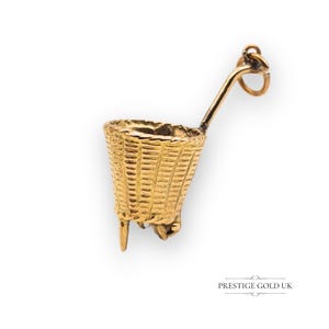 9ct Gold Wicker Basket Charm, Fully Hallmarked Birmingham 1965, Fruit Picking Wheelbarrow Basket, Vintage Shopping Basket