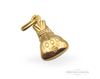 9 kt goud 1000 dollar geldzak bedelhanger, holle gouden zak, 18 mm hoog, leuk geluksbrenger cadeau, zakje goud