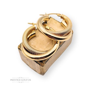 9ct Gold Interlocking Hoop Earrings, Textured & Smooth Finished Hoops, Large Hollow Flip Tops Hoops, Two Tone Round Hoop Statement Earrings