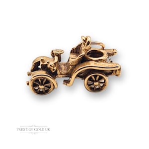 9ct Gold Vintage Car Charm, Birmingham 1965 Hallmarked, Solid Gold Model with Ornate Spoked Wheels, Car Lover Charm