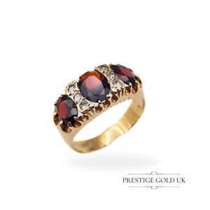 Vintage 9ct Gold Garnet and CZ Ring, Fully Hallmarked Birmingham 1975, UK Q US 8 Euro 57, Elegant 3-Stone Design, Rare Gift for Her