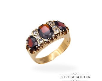 9ct Gold Garnet and CZ Ring, Fully Hallmarked Birmingham 1975, UK Q US 8 Euro 57, Elegant 3-Stone Design, Rare Gift for Her
