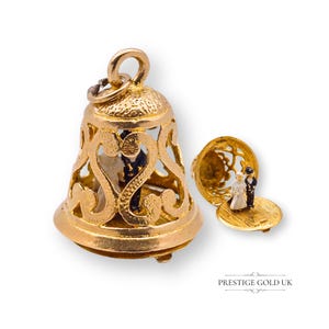 Large 9ct Gold Opening Wedding Bell Charm, Opens to Revile Small Enamel Bride & Groom, Heavy Solid Gold Fully Hallmarked London Circa 1970