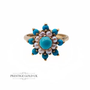 Vintage Gold Turquoise & Pearl Ring - 1970s Turquoise Dress Ring -  Turquoise Cluster Ring - Size UK  K 1/2 - US 5 1/2 - Euro 51