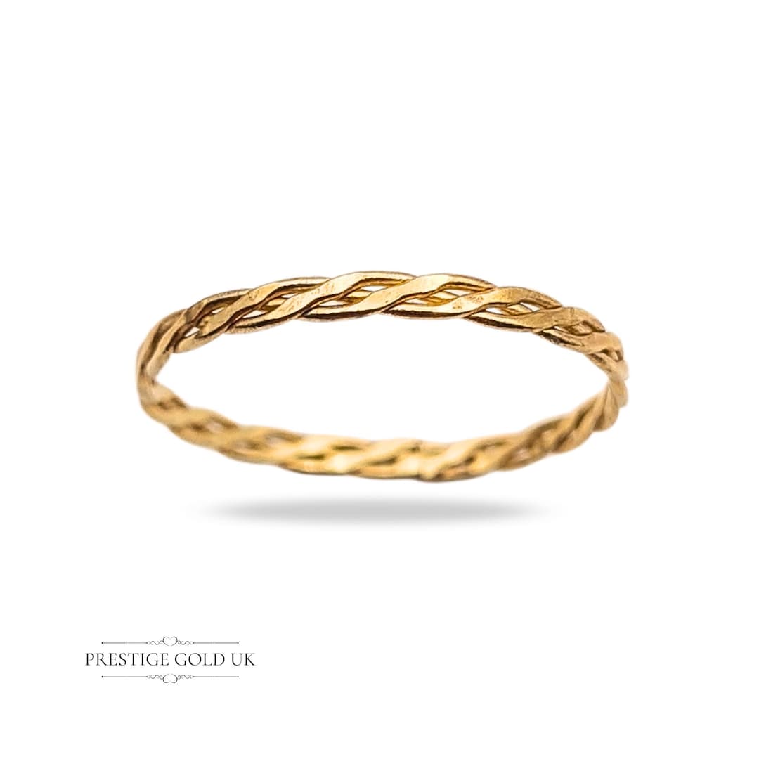 9ct Gold Braided Stacking Ring, 2mm Wide Narrow Delicate Band, Plaited ...