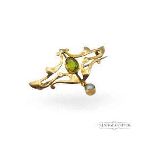 Antique 9ct Gold Art Nouveau Peridot & Pearl Brooch, IX Stamped, C-Clasp, Late Victorian-Early 20th Century, Elegant Vintage Brooch