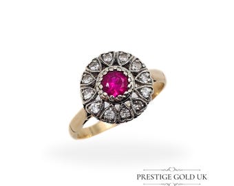 Vintage 9ct Gold Paste Cluster Ring, Ruby-Red & White Stones, Ornate Heart Design,  UK N 1/2 US 7 Euro 54.5, Elegant Vintage Cocktail Ring