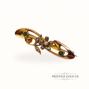 Antique Emerald & Pearl Victorian Brooch - Small Ornate 9ct Gold Brooch - Victorian Gold Brooch Emerald and Pearls