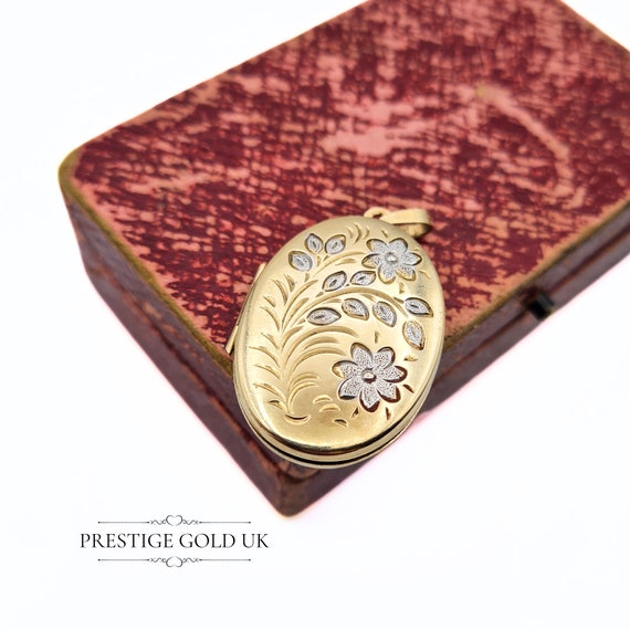 Vintage Gold Floral Locket 9ct - Gold Oval Floral… - image 2