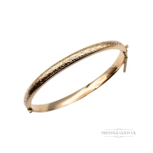 Antique 9ct Rose Gold Bangle, Hallmarked 1908 by Henry Williamson Ltd, 6 3/4&quot; Long  6mm Wide, Edwardian Floral Engraved