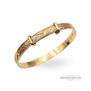 9ct Gold Child’s Bangle,  Engraved Botanical Design Beautiful Child’s Bangle Features Intricate Botanical Engravings