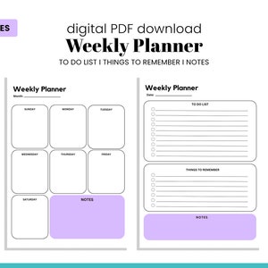 Minimalist Weekly Planner Digital Download, Printable, 2 pages, Undated Planner Inserts, To Do List, Things to Remember, A4, US Letter