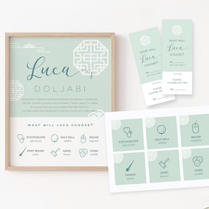 Personalized Doljabi Event Bundle, Doljabi board, Raffle Ticket,  Jar Tag , Korean 1st birthday, Doljanchi, Korean first birthday, 돌잡이