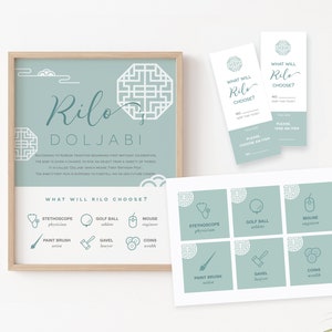 Personalized Doljabi Event Bundle, Doljabi board, Raffle Ticket,  Jar Tag , Korean 1st birthday, Doljanchi, Korean first birthday, 돌잡이