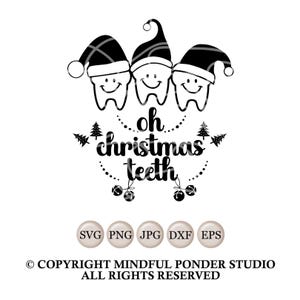 May include: A black and white graphic featuring three smiling teeth wearing Santa hats. The phrase "oh christmas teeth" is written below the teeth in a decorative font, with Christmas tree and ornament accents. File type icons are at the bottom.