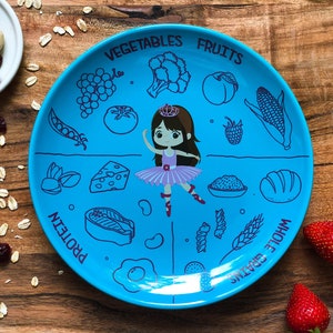 Puede incluir: Un plato redondo azul claro con una ilustración de bailarina y categorías de alimentos. El plato está dividido en secciones etiquetadas como "Verduras", "Frutas", "Proteínas" y "Granos integrales". Se incluyen ilustraciones de varios alimentos.
